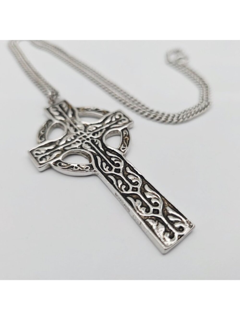Celtic Cross Pendant Necklace Silver-Tone Chain Intricate Detailing - Picture 4 of 6